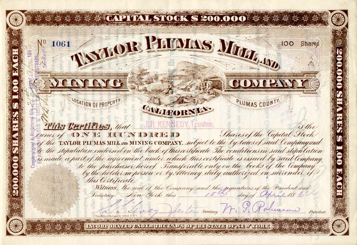 Taylor Plumas Mill and Mining Co. - Stock Certificate